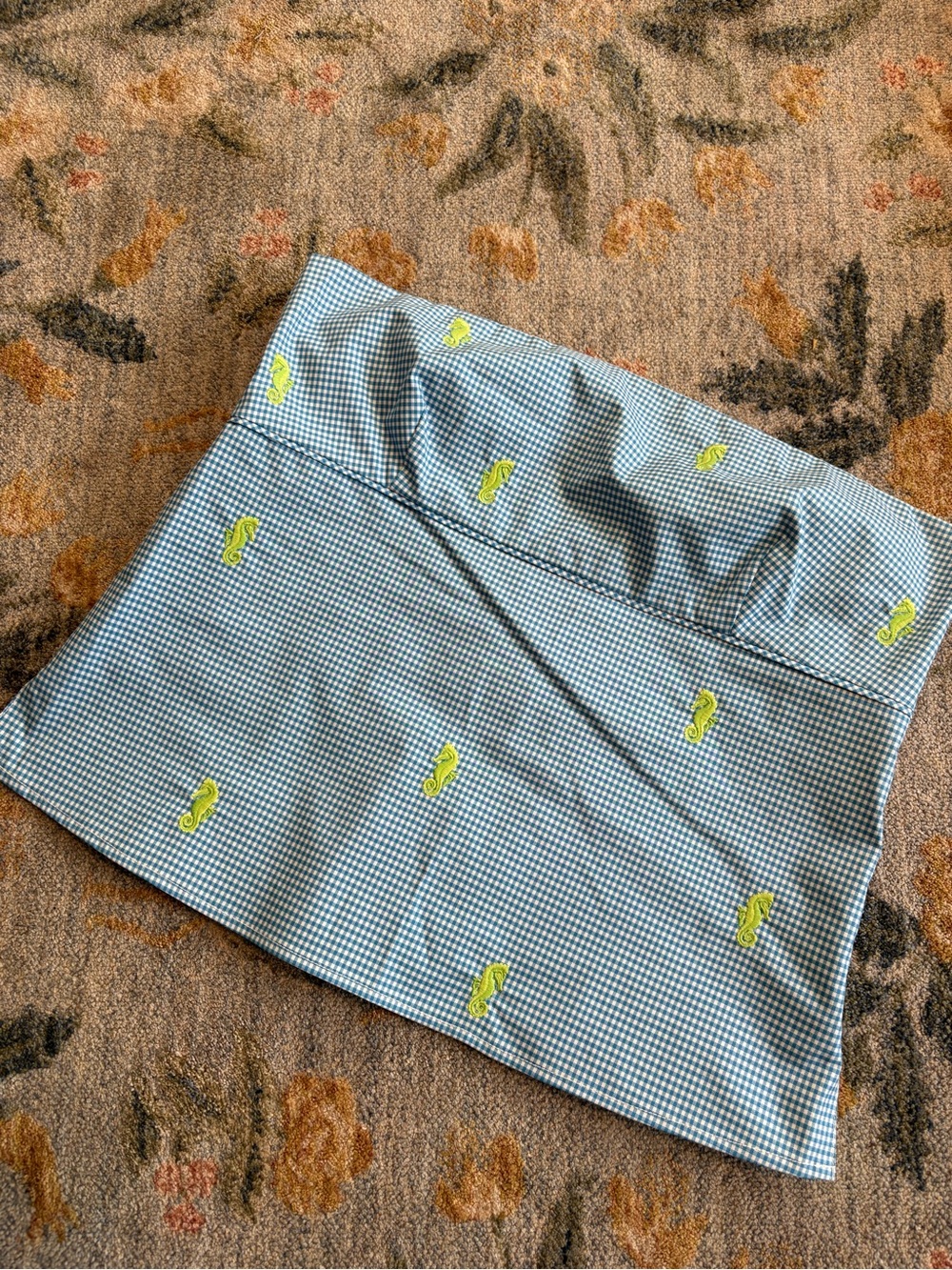 J. Crew Blue Gingham Strapless Top with Yellow Embroidery